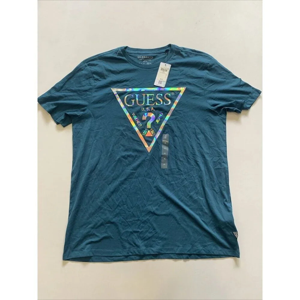 Guess Men's Blue Iridiescent Foil Logo Tee XL 100% Cotton NWT